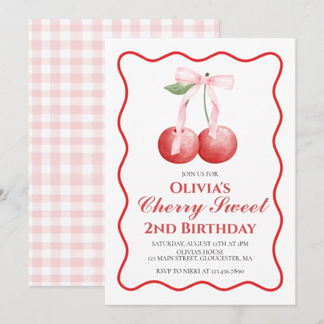 Convites Cherry Sweet Pink Bow préppy aniversário (Frente/Verso)