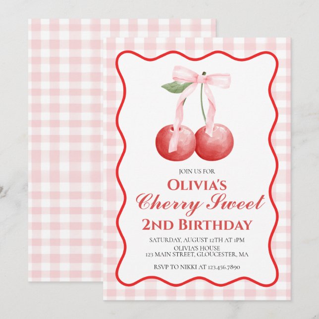 Convites Cherry Sweet Pink Bow préppy aniversário (Frente/Verso)
