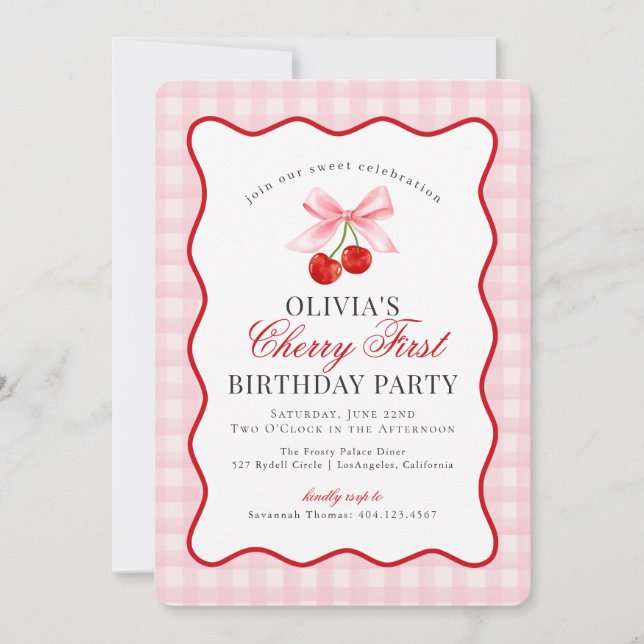 Convites Cherry Sweet Pink Coquette Gingham Primeiro Aniver (Frente)