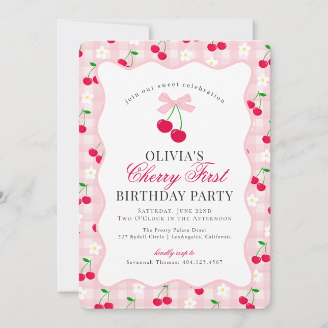Convites Cherry Sweet Pink Coquette Gingham Primeiro Aniver (Frente)