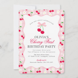 Convites Cherry Sweet Pink Coquette Gingham Primeiro Aniver
