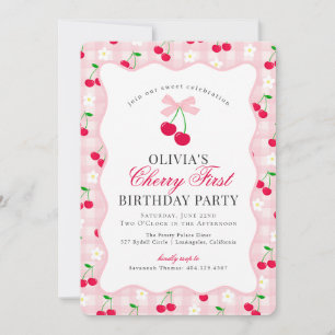 Convites Cherry Sweet Pink Coquette Gingham Primeiro Aniver