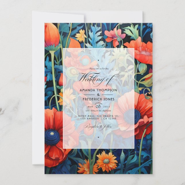 Convites Cherry Tomato e Royal Blue Floral Weding (Frente)