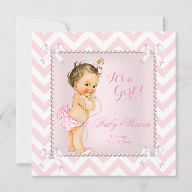 Convites Chevon Branco Cor-de-rosa rosa-rosa-chá de fraldas (Frente)