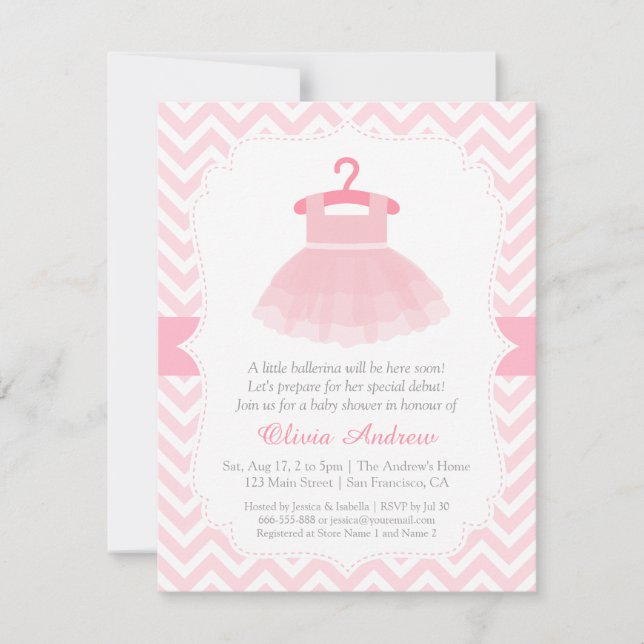 Convites Chevron Ballerina Girl Baby Shower (Frente)