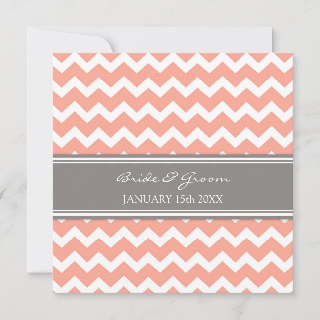 Convites Chevron cinzento coral do casamento (Frente)