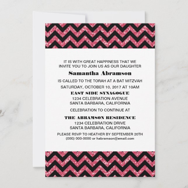 Convites Chevron Glitter Rosa Bat Mitzvah Convidar (Frente)