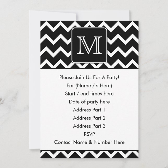 Convites Chevron Preto e Branco com Monograma Personalizado (Frente)