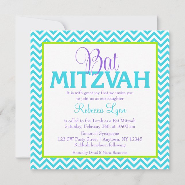 Convites Chevron Purple Teal Blue Bat Mitzvah (Frente)