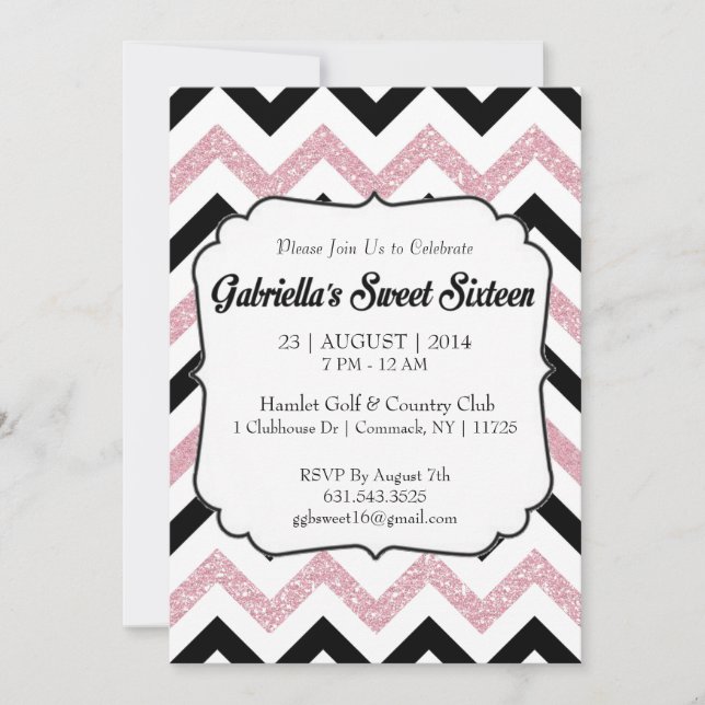 Convites Chevron Sweet 16, Glitter Rosa (Frente)