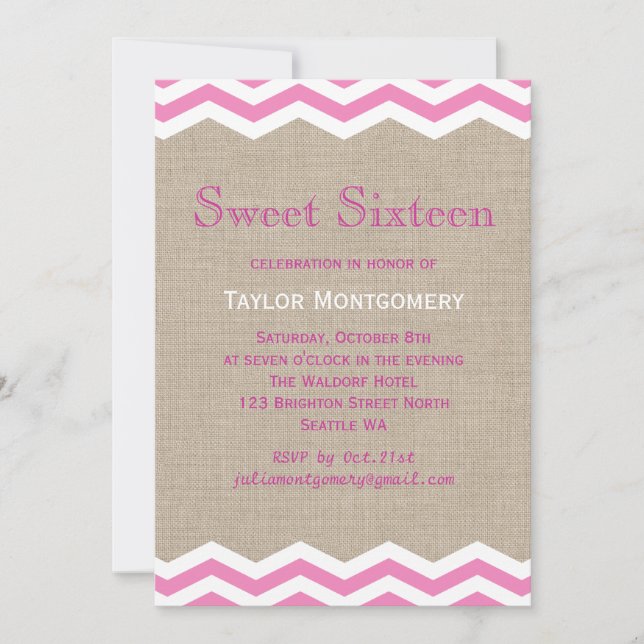 Convites Chevrons cor-de-rosa em Burlap Sweet Sixten Convit (Frente)
