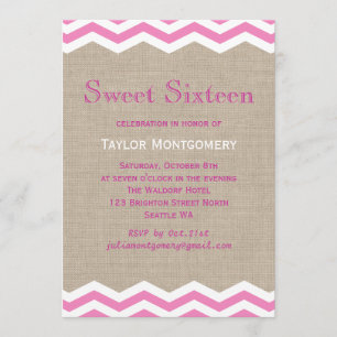 Convites Chevrons cor-de-rosa em Burlap Sweet Sixten Convit