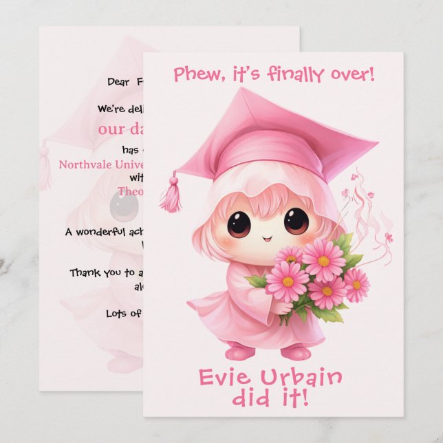 Convites 🎓Chibi Pink Celebration Graduation Announcement (Frente/Verso)