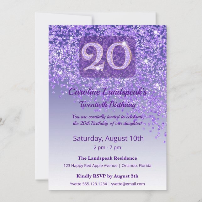Convites Chic 20º Aniversário Brilho Roxo (Frente)