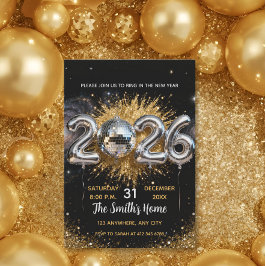 Convites Chic 2026 New Year' Eve Party Gold Glitter Black