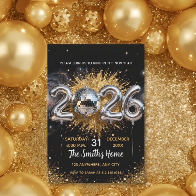 Convites Chic 2026 New Year' Eve Party Gold Glitter Black  (Criador carregado)