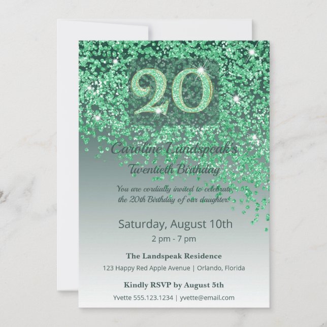 Convites Chic 20th Birthday Green Glitter (Frente)