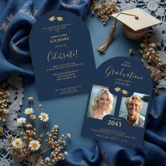 Convites Chic 2-Photo Twins Graduation Fake Golden Blue