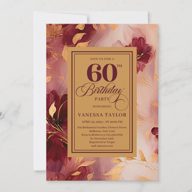 Convites Chic 60th Birthday Marsala Blush Gold Boho Invite (Frente)