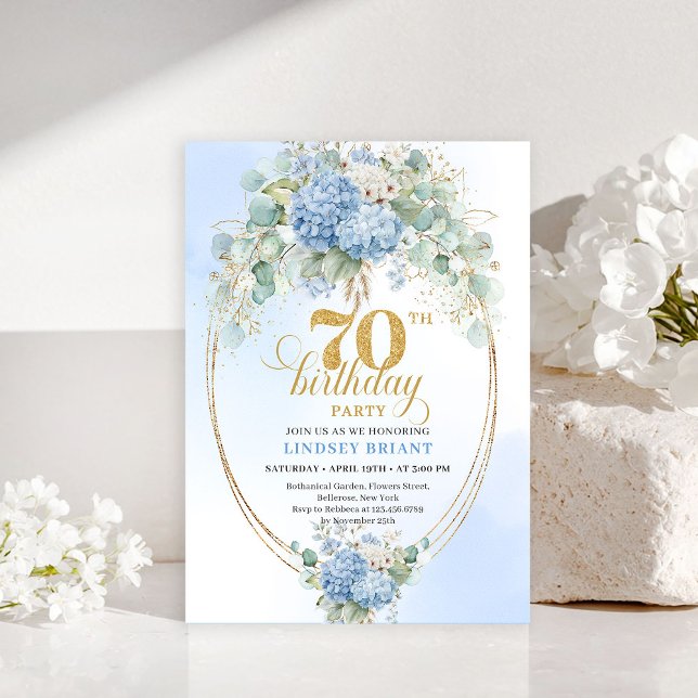 Convites Chic 70th Birthday Blue Floral Eucalyptus Invites (Chic 70th Birthday Blue Floral Eucalyptus Invitation)