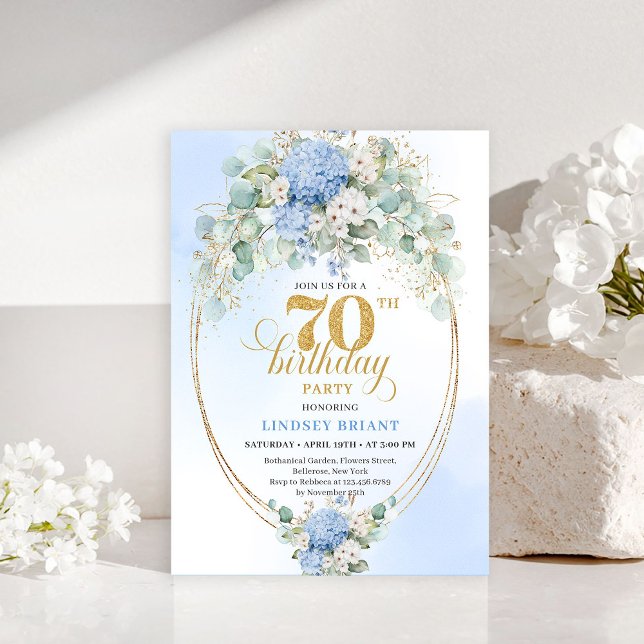 Convites Chic 70th Birthday Pastel Blue Hydrangea Invites (Chic 70th Birthday Pastel Blue Hydrangea Invitation)