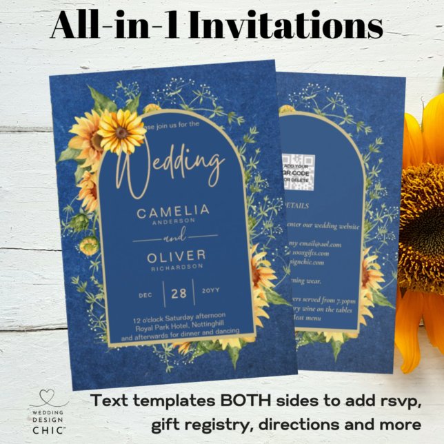 Convites Chic All in1 Rustic Sunflower BLUE Yellow Wedding (Criador carregado)