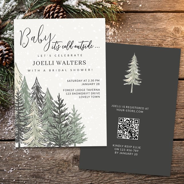 Convites Chic Alpino Chuva de Noiva de Árvores de Inverno (Baby it's Cold Outside Snowy Forest Winter Bridal Shower Invitation by Darling & May)