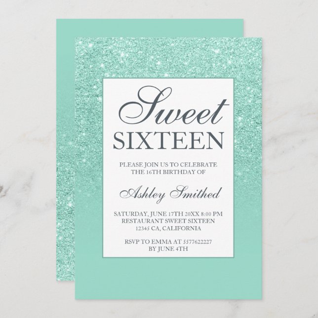 Convites Chic aqua glitter elegante chic Sweet 16 (Frente/Verso)