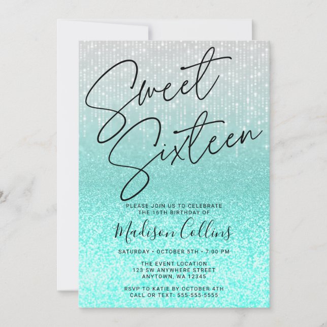 Convites Chic Aqua Prata Brilho Sweet 16 (Frente)