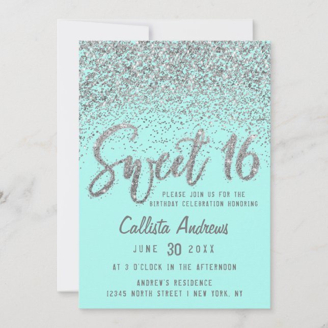 Convites Chic Aqua Teal Silver Disparado Glitter Sweet 16 (Frente)