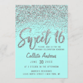 Convites Chic Aqua Teal Silver Disparado Glitter Sweet 16