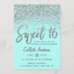 Convites Chic Aqua Teal Silver Disparado Glitter Sweet 16