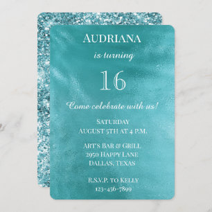 Convites Chic Aqua Turquoise Blue Glam Birthday