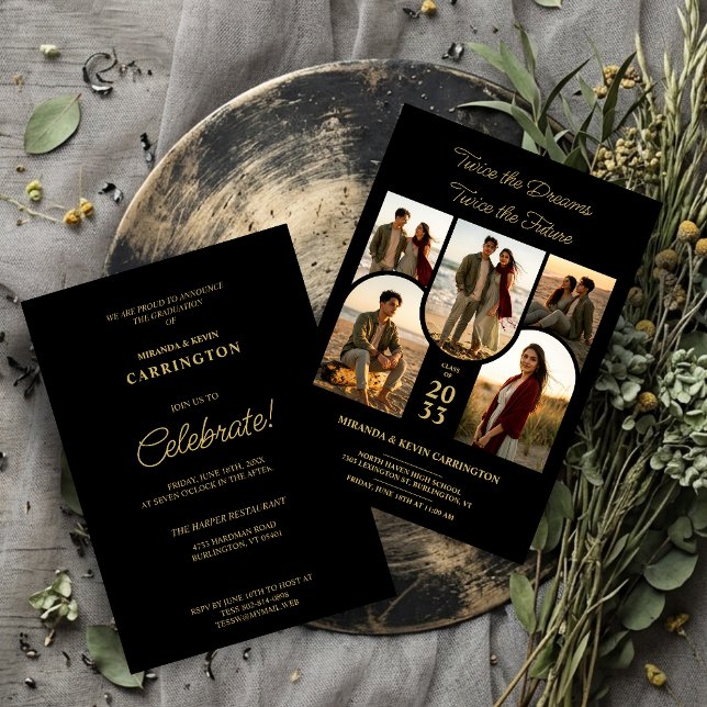 Convites Chic Arched Collage Double Grads Twins TMF26 (Stylish Double Graduation Invitation with Five Arched Photo Placeholders and Luxury Gold Effect.)