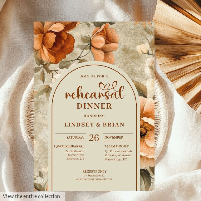 Convites Chic Atemporal Bege Cobre Oliva Floral Ensaio (Timeless Copper Beige Olive Floral Rehearsal Invitation)