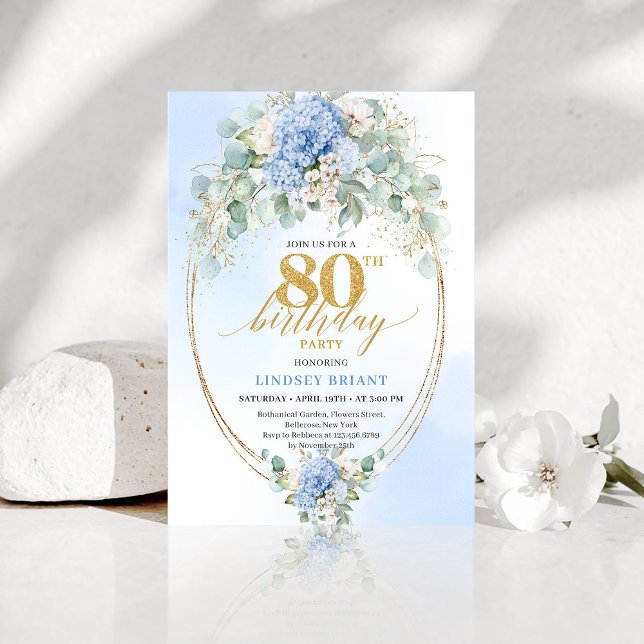 Convites Chic Atemporal Hydrangea Floral Aniversário de 80  (Chic Timeless Blue Hydrangea Floral 80th Birthday Invitation )