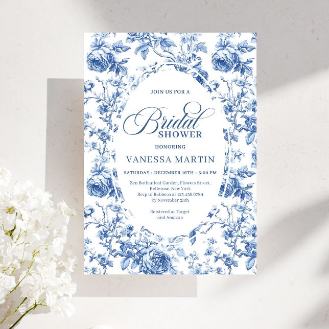 Convites Chic Atemporal Navy Chinoiserie Toile Chá de Noiva (Timeless Navy Chinoiserie Toile Bridal Shower Invitation)