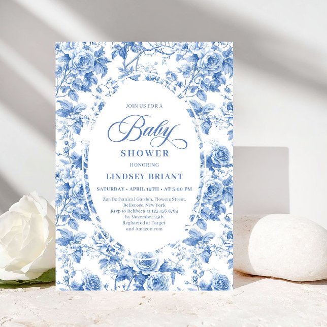Convites Chic Atemporal Royal Azul Toile de Jouy Chás de Be (Timeless Royal Blue Toile de Jouy Baby Shower Invite)