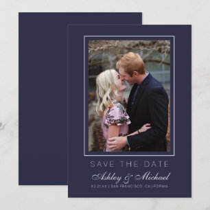 Convites Chic Azul Escuro Rosa Foto Casamento Save The Date