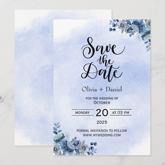Convites Chic Azul Floral Casamento Salve a Data (Frente/Verso)
