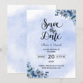 Convites Chic Azul Floral Casamento Salve a Data