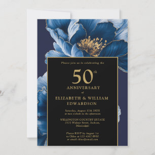 Convites Chic Azul Floral Preto E Dourado 50º Aniversário