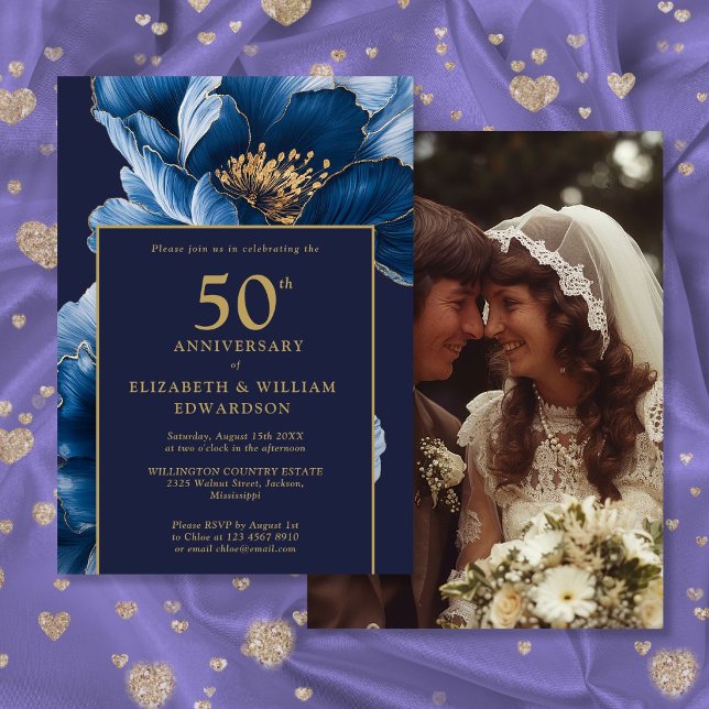 Convites Chic Azul Marinho Dourado Floral 50º Aniversário F (Chic Navy Blue Gold Floral 50th Anniversary Photo Invitation)