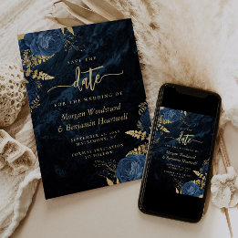 Convites Chic Azul Marinho Dourado Floral Casamento Salve a
