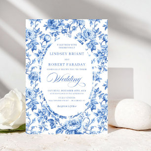 Convites Chic Azul Real Toile de Jouy Casamento Romântico