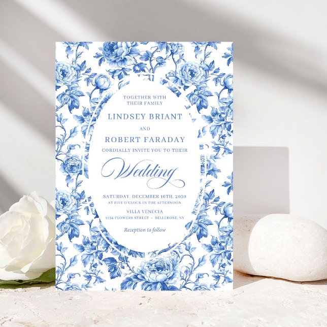 Convites Chic Azul Real Toile de Jouy Casamento Romântico  (Chic Royal Blue Toile de Jouy Romantic Wedding Invitation)