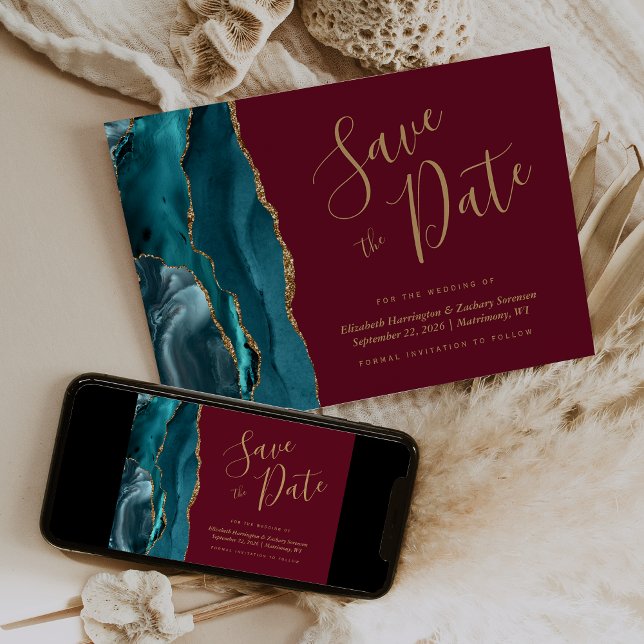 Convites Chic Azul Teal Dourado Ágata Burgundy Save the Dat (Criador carregado)