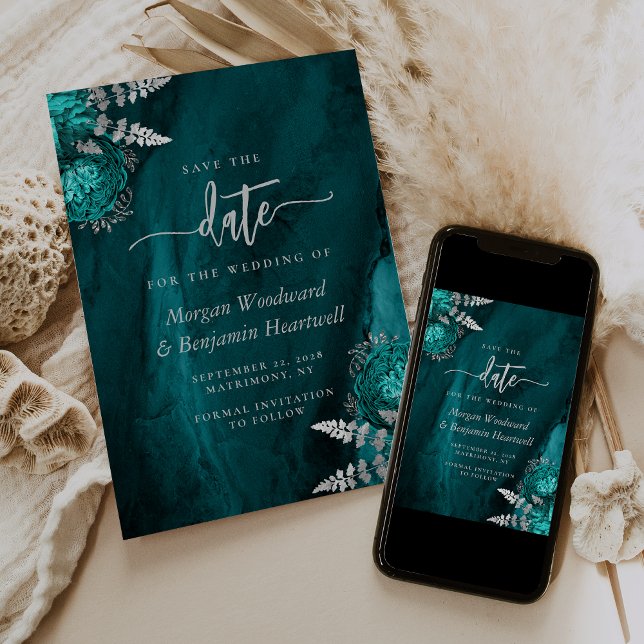 Convites Chic Azul Teal Prata Floral Casamento Salve a Data (Criador carregado)