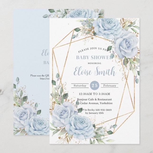 Convites Chic Baby Blue Floral Boy Código QR do Chá de fral (Frente/Verso)