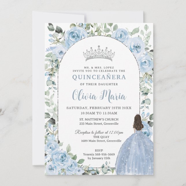 Convites Chic Baby Blue Floral Princesa Quinceañera Silver (Frente)